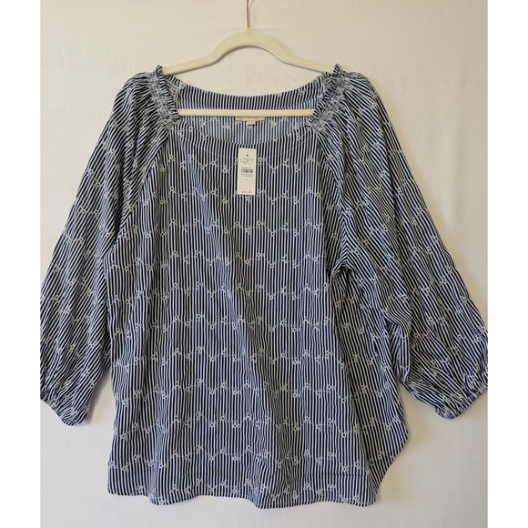 LOFT Womens XL Blue White Striped Embroidered Eyelet Sheer Square Neck Top New - Picture 1 of 9